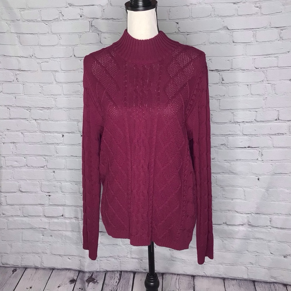Colour Eighteen Wine Cable Knit Mock Neck Pullover Cotton Sweater Large NWT